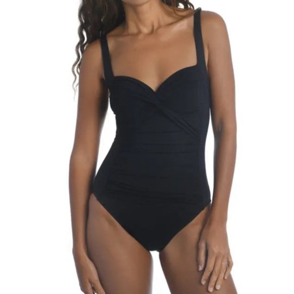 La Blanca Black Twist Front Cinched One Piece Swimsuit Size 8